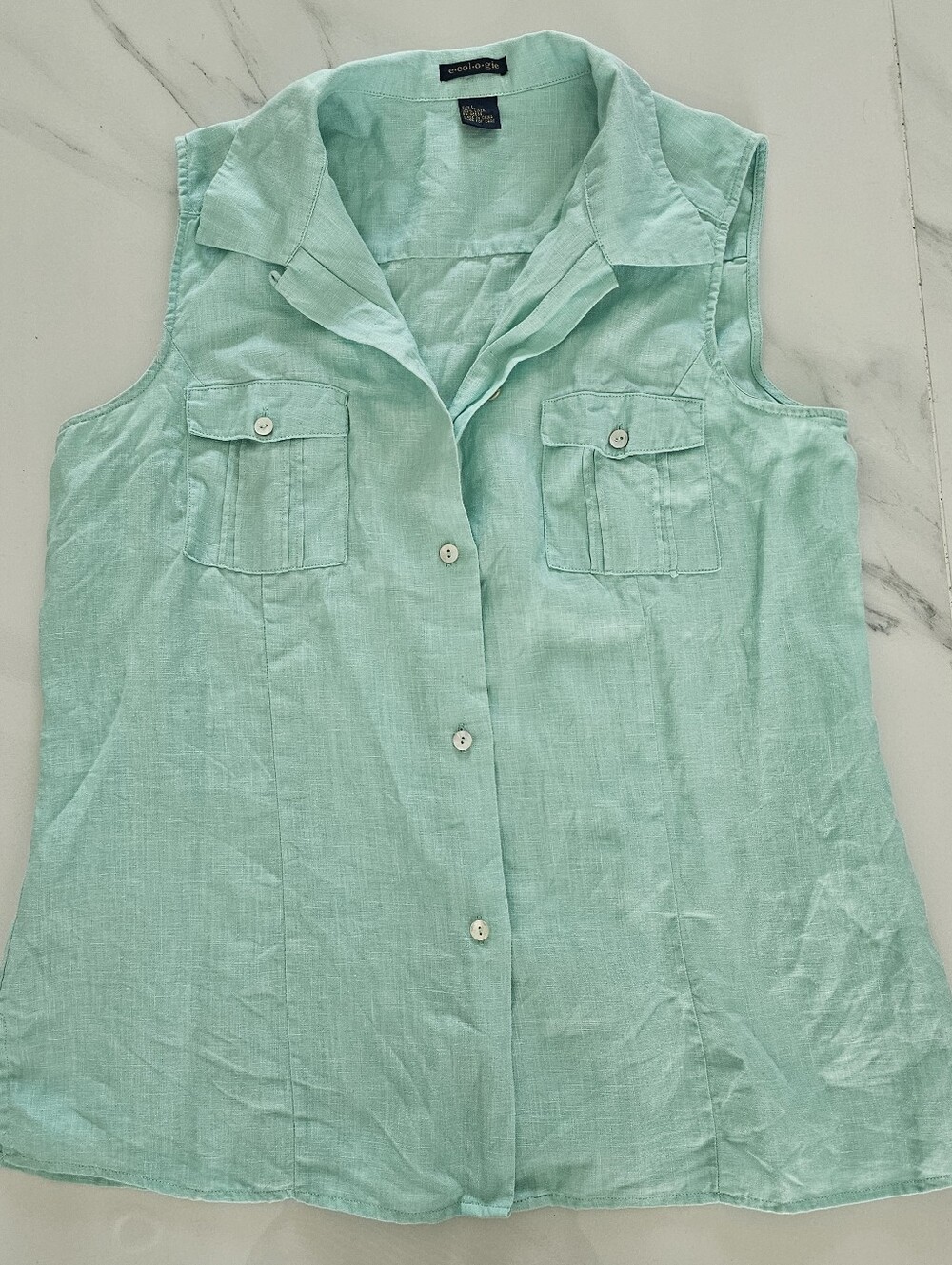 E Col O Gie Mint Green Sleeveless Button-Down Shirt 100% Linen In Size L